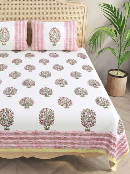 Extra Soft Percale Cotton Super King Handblock Print Bedsheet with 2 Pillow Covers