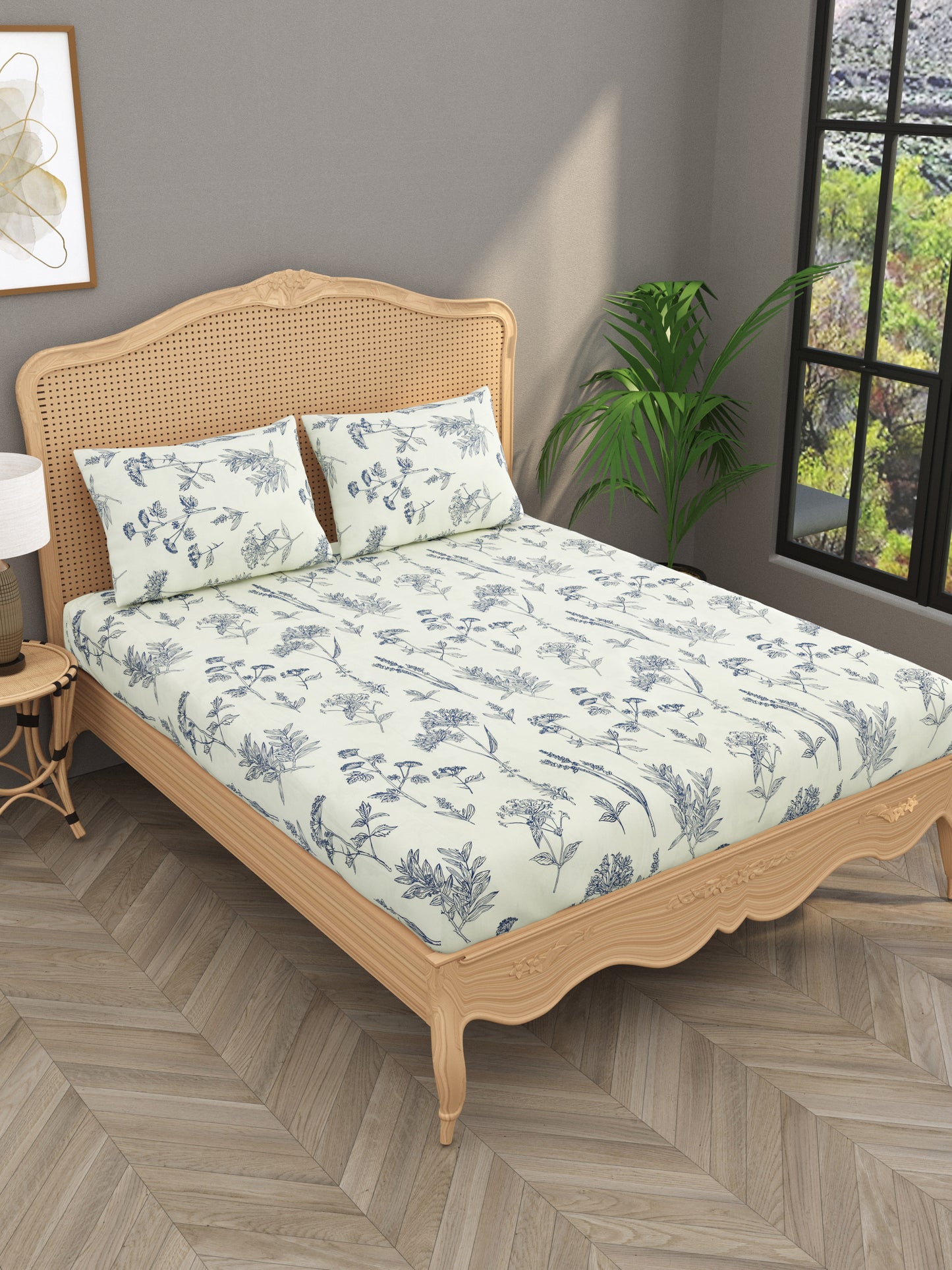 Polycotton Floral Printed Fitted Bedsheets with elastic and 2 Pillow Covers