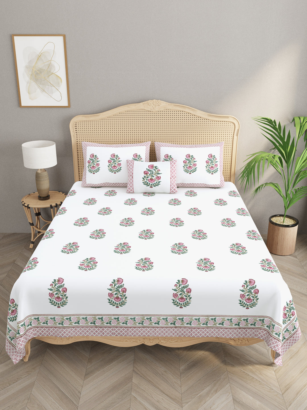 Extra Soft Percale Cotton Super King Handblock Print Bedsheet with 2 Pillow Covers + 1 Sham Pillow Cover