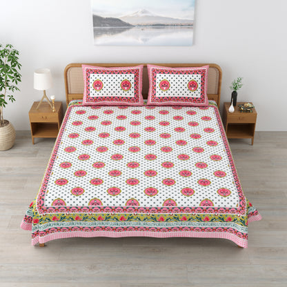 Floral Print Cotton Double King Bedsheet with 2 Pillow Covers