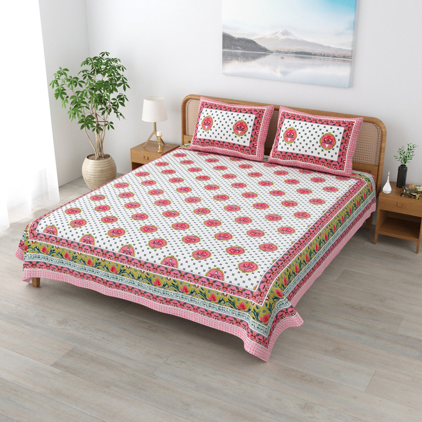 Floral Print Cotton Double King Bedsheet with 2 Pillow Covers