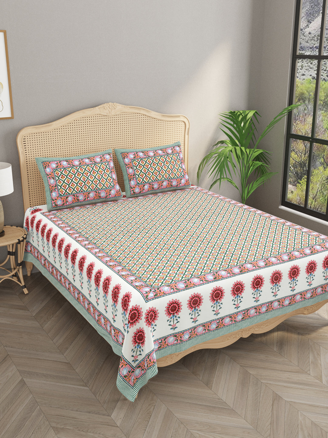 Diwali Gift Box | 1 Double Bedsheet, 1 Pair Door Hanging, 1 Metal Urli, 2 Laddoo Candles