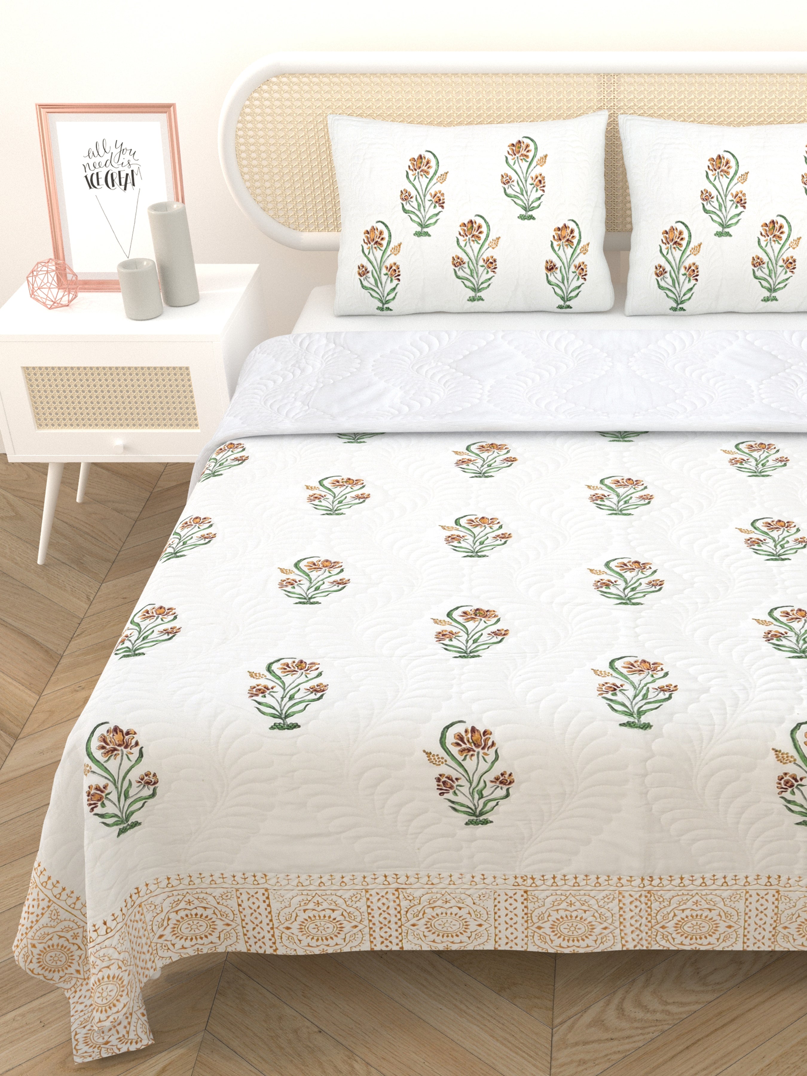 Quilted Floral Printed Reversible Bedcover with 2 Pillow Covers