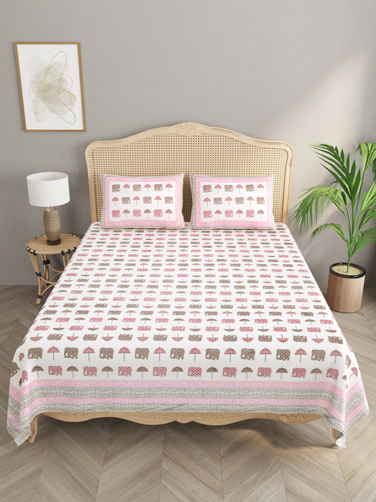 Extra Soft Percale Cotton Double King Handblock Print Bedsheet with 2 Pillow Covers