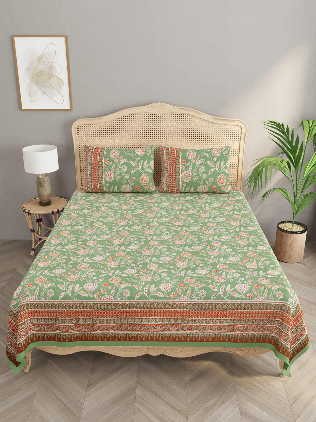 Floral Print Cotton Super King Bedsheet with 2 Reversible Pillow Covers