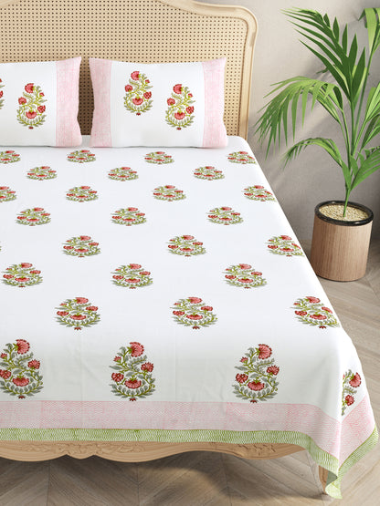 Extra Soft Percale Cotton Super King Handblock Print Bedsheet with 2 Pillow Covers