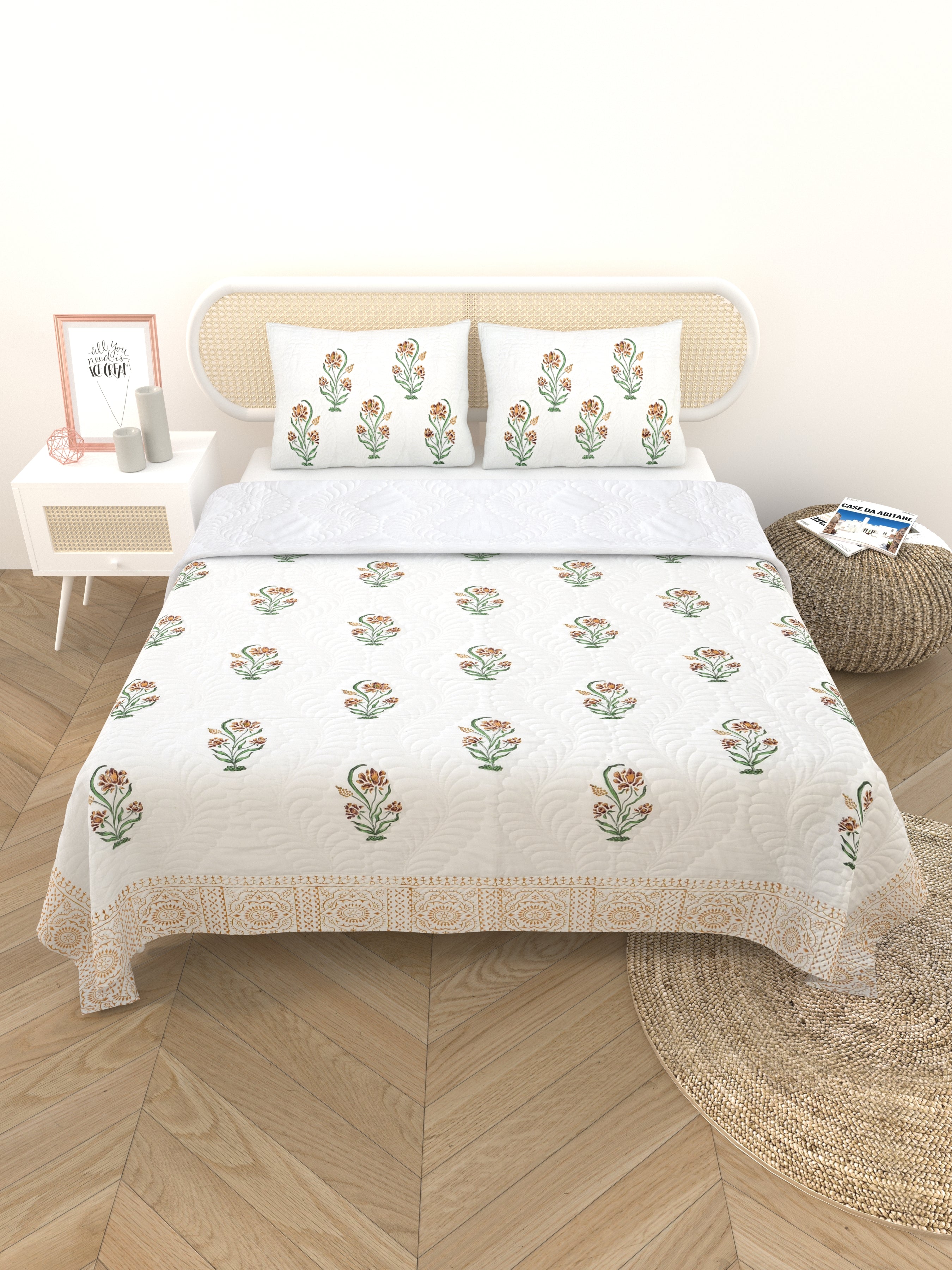 Quilted Floral Printed Reversible Bedcover with 2 Pillow Covers