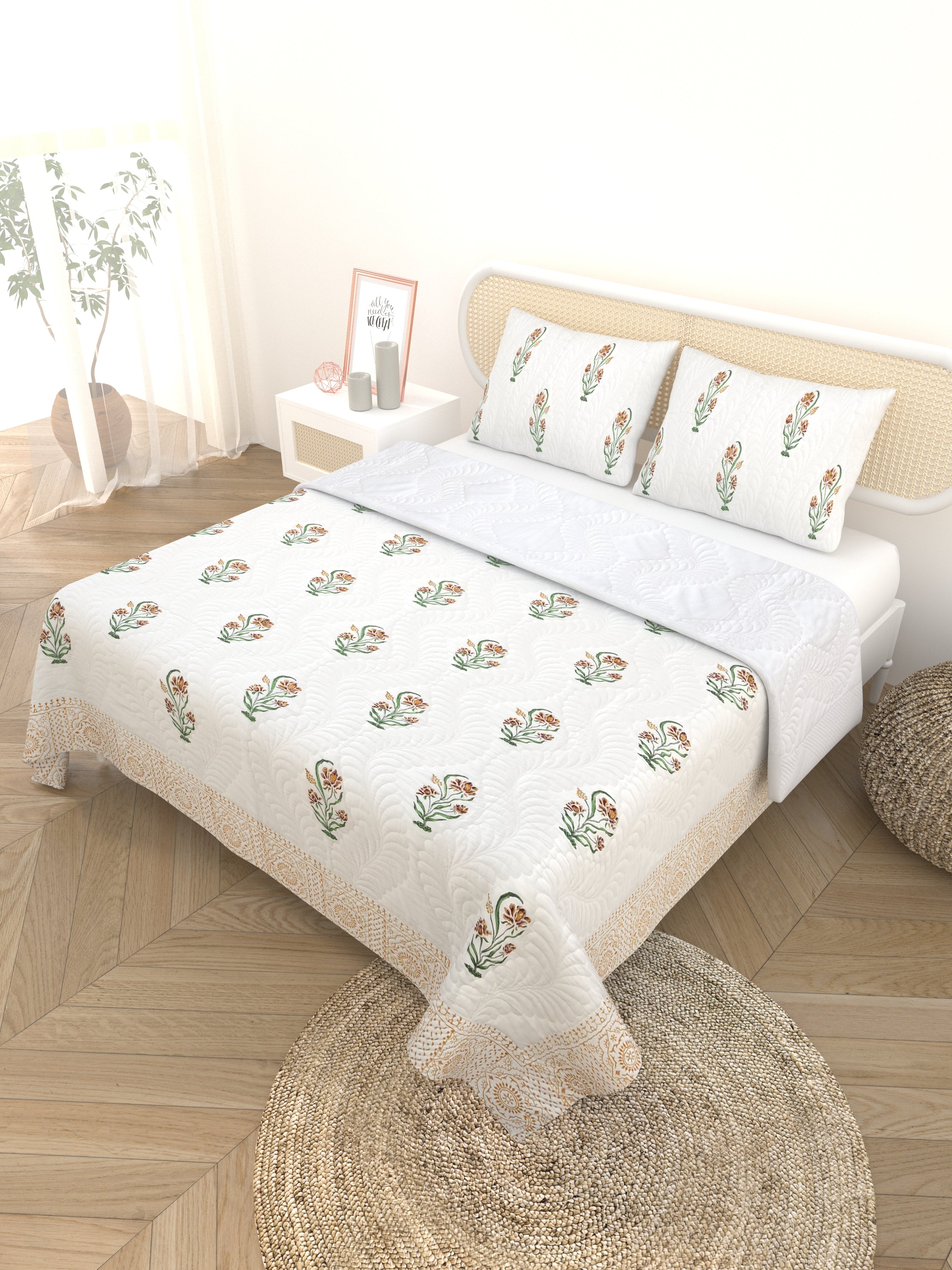 Quilted Floral Printed Reversible Bedcover with 2 Pillow Covers