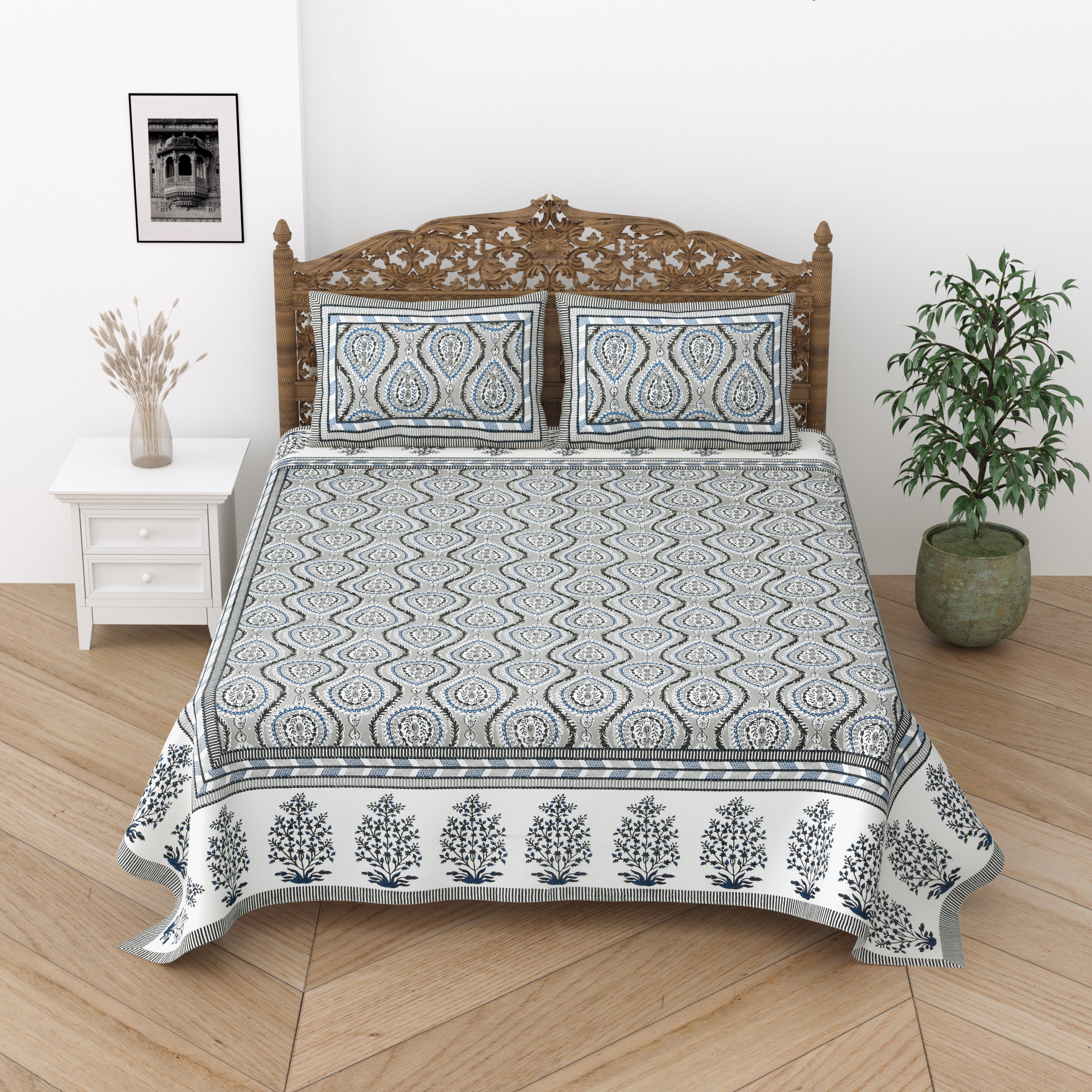 Floral Print Cotton Double King Bedsheet with 2 Pillow Covers