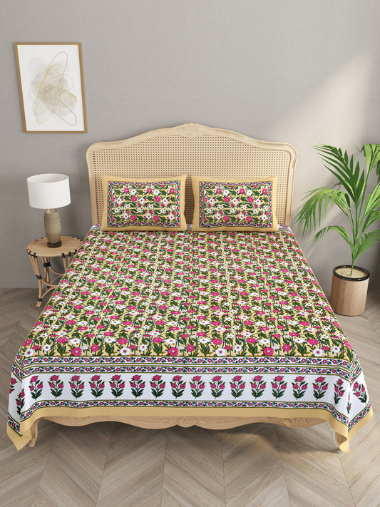 Floral Print Cotton Double King Bedsheet with 2 Pillow Covers