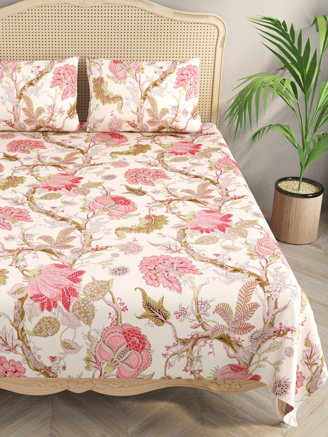 Premium Glaze Cotton Floral Print Super King Bedsheet with 2 Pillow Covers