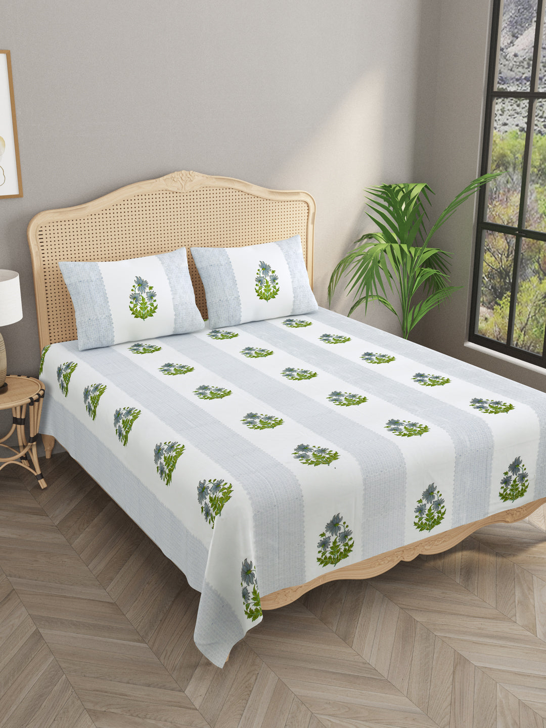 Extra Soft Percale Cotton Super King Handblock Print Bedsheet with 2 Pillow Covers