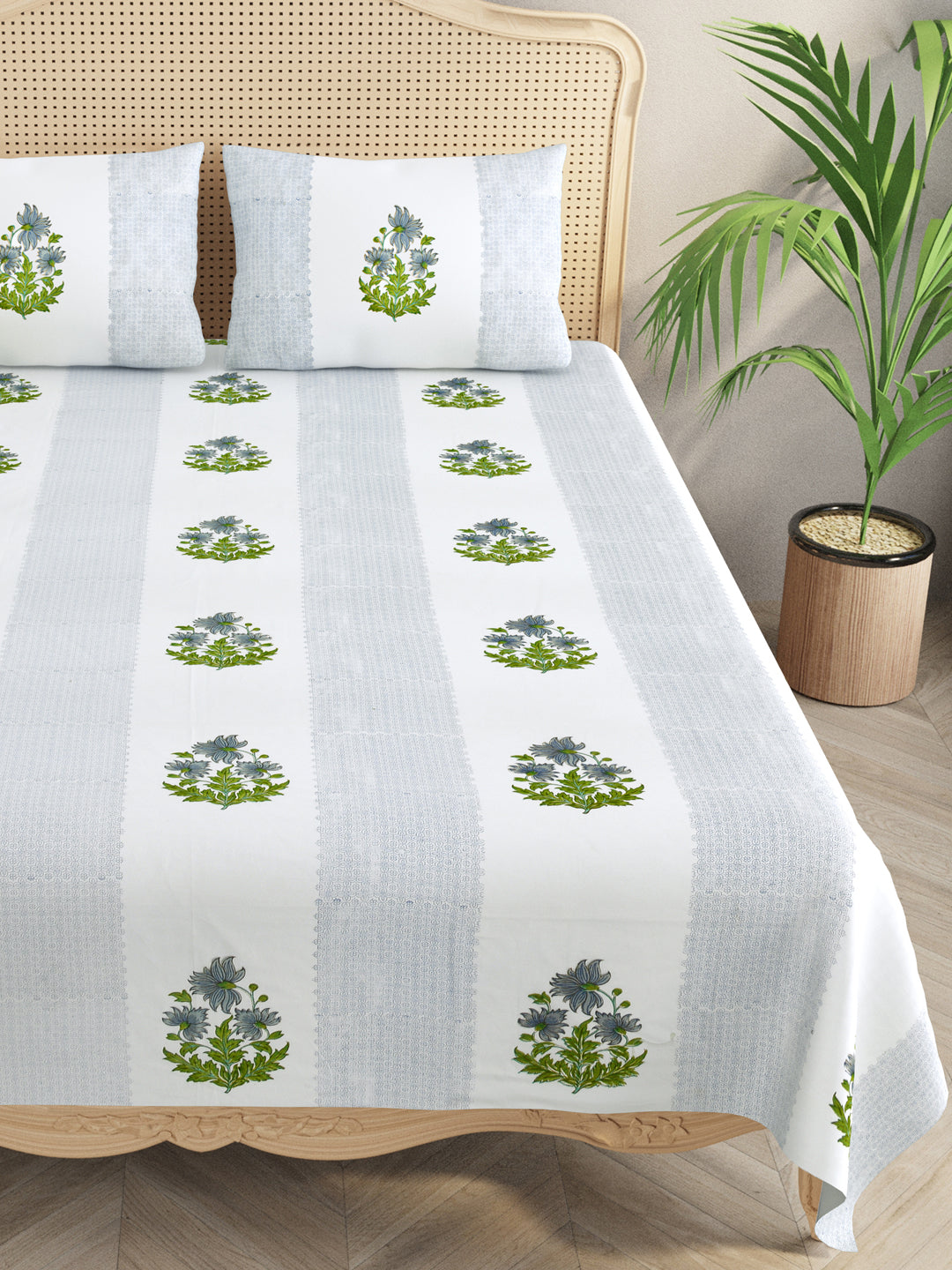 Extra Soft Percale Cotton Super King Handblock Print Bedsheet with 2 Pillow Covers