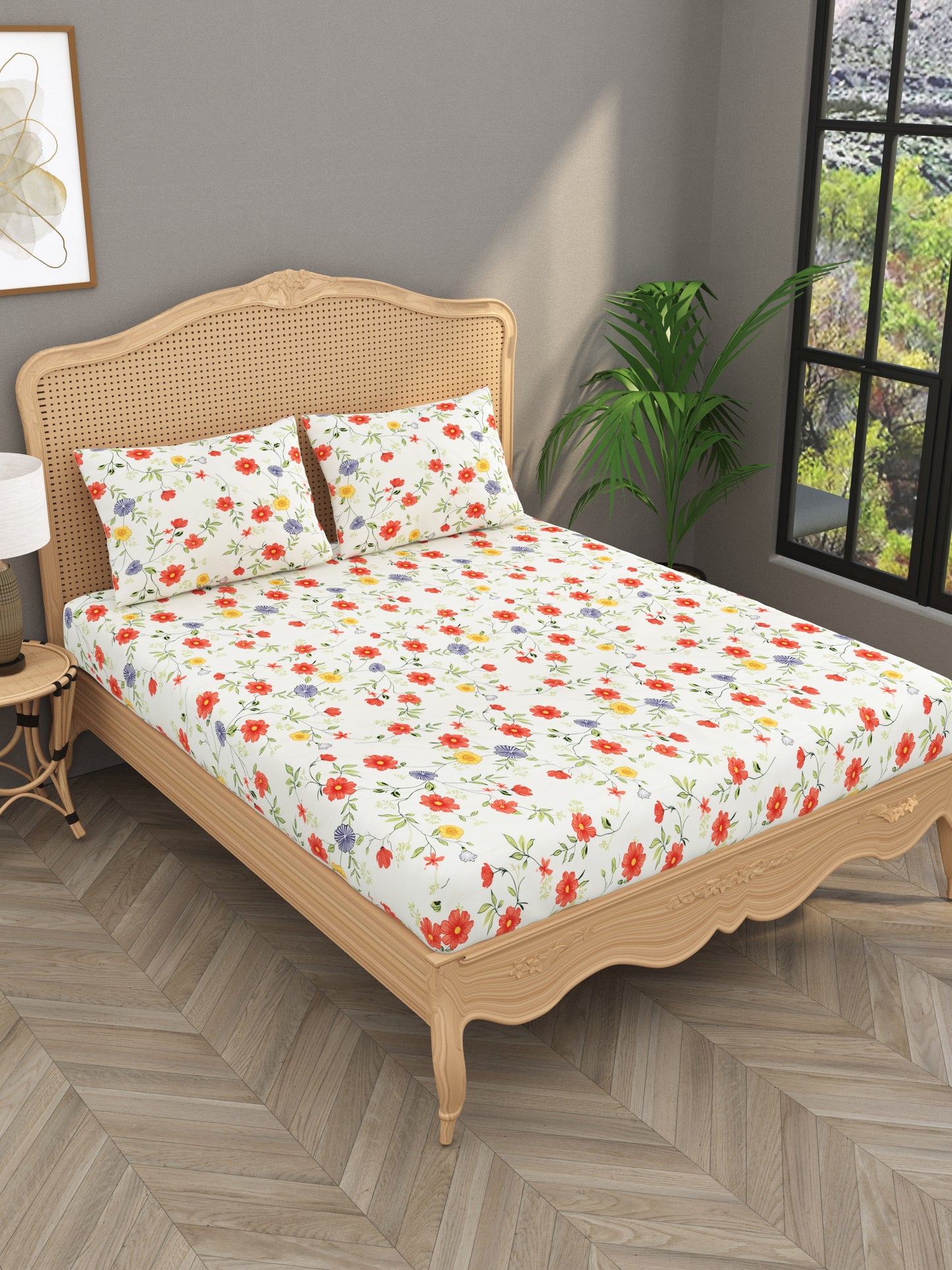 Polycotton Floral Printed Fitted Bedsheets with elastic and 2 Pillow Covers