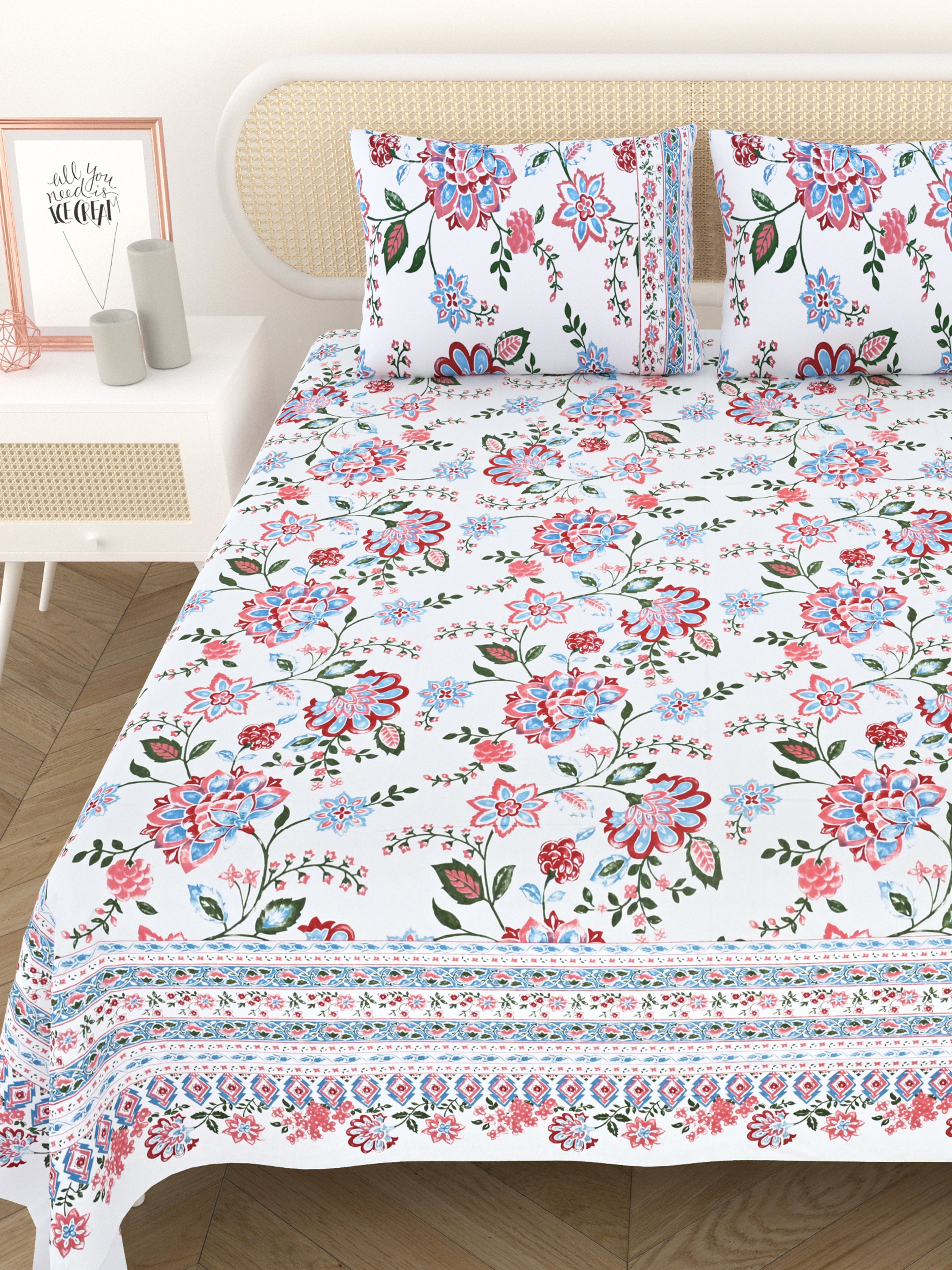 Cotton Printed Bedsheet with 2 Pillow Covers - (108 x 108 Inch)