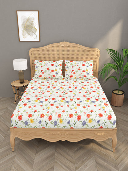 Polycotton Floral Printed Fitted Bedsheets with elastic and 2 Pillow Covers