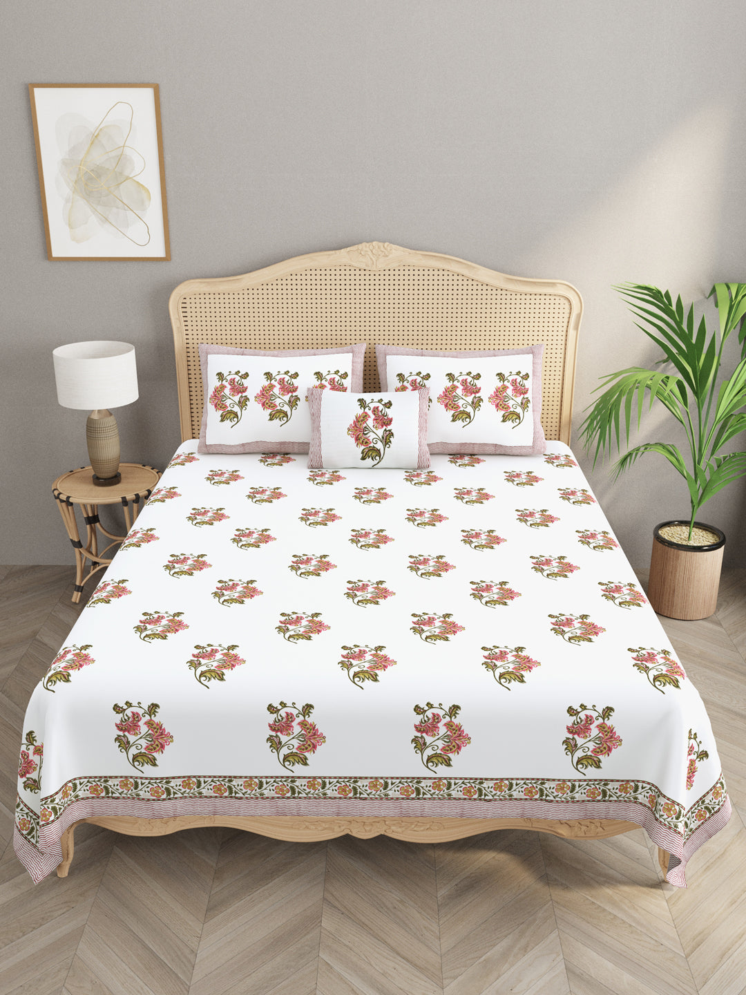 Extra Soft Percale Cotton Super King Handblock Print Bedsheet with 2 Pillow Covers + 1 Sham Pillow Cover