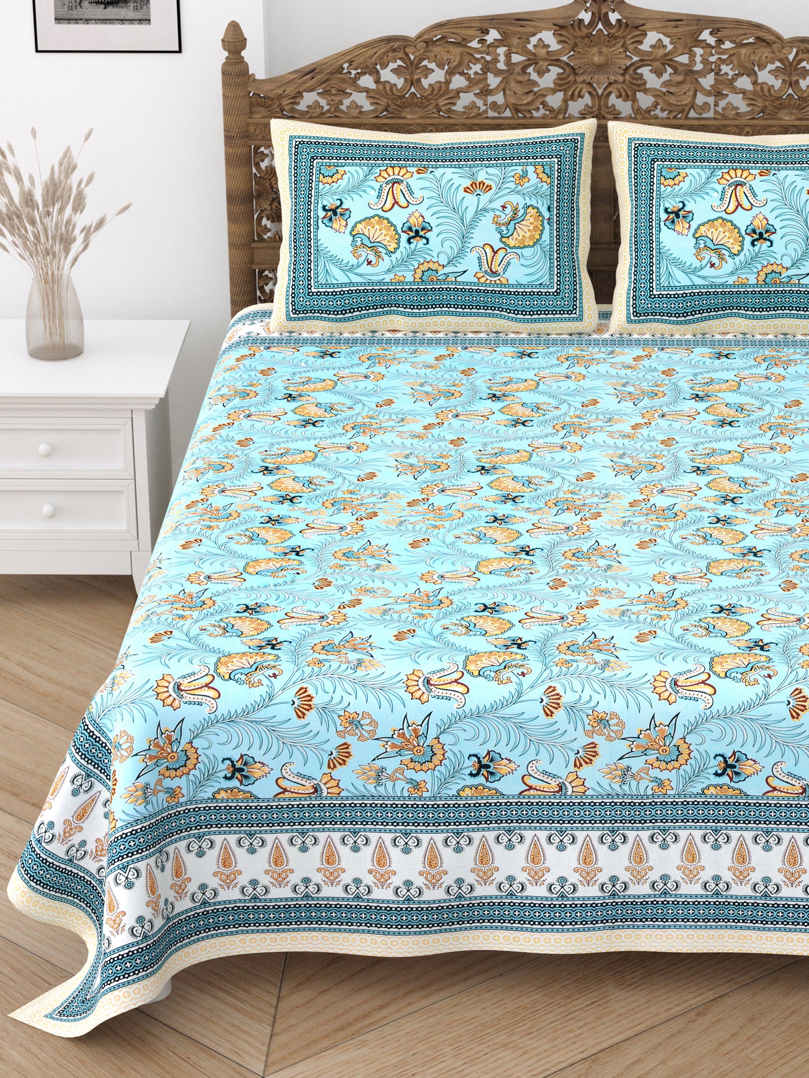 Floral Print Cotton Double King Bedsheet with 2 Pillow Covers