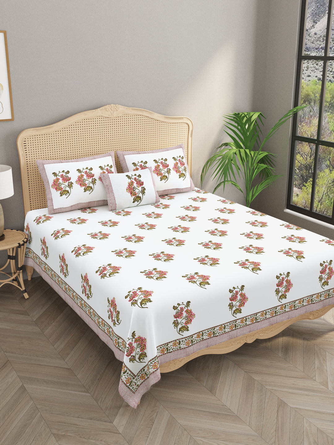 Extra Soft Percale Cotton Super King Handblock Print Bedsheet with 2 Pillow Covers + 1 Sham Pillow Cover