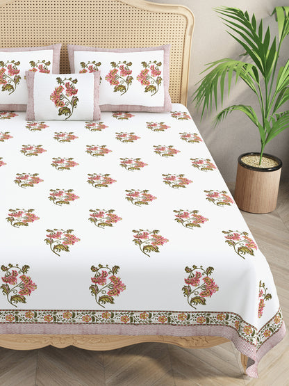 Extra Soft Percale Cotton Super King Handblock Print Bedsheet with 2 Pillow Covers + 1 Sham Pillow Cover