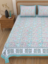 Floral Print Cotton Double King Bedsheet with 2 Pillow Covers