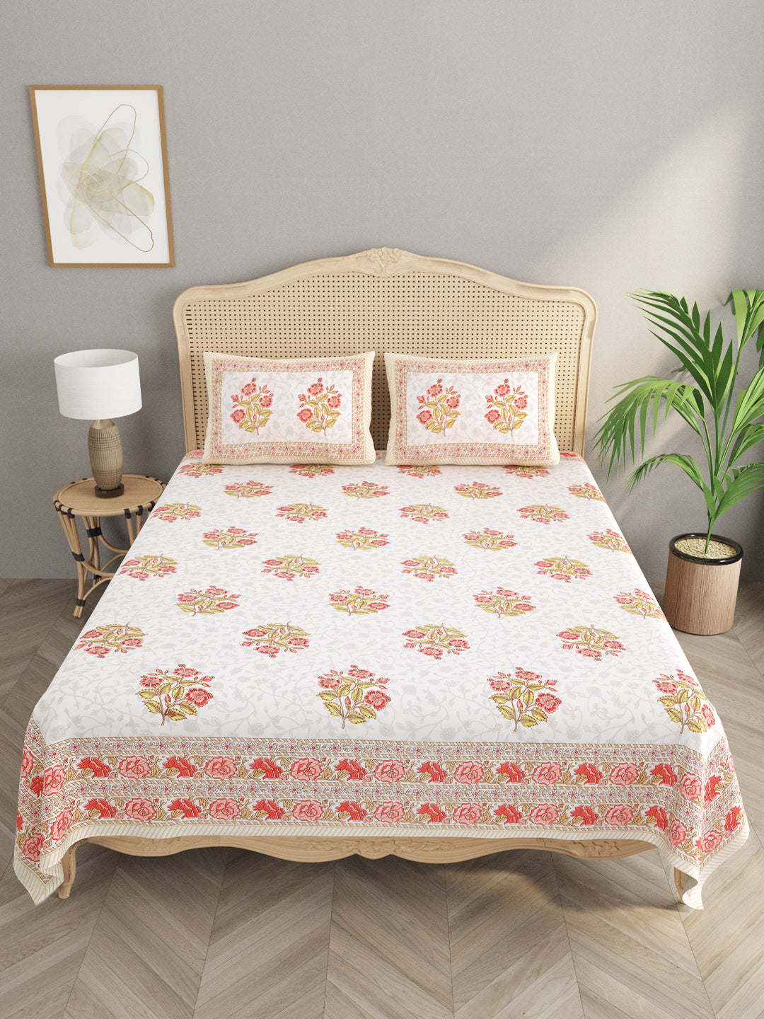 Extra Soft Percale Cotton Double King Floral Print Bedsheet with 2 Pillow Covers