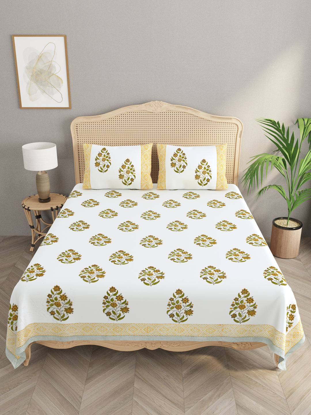 Extra Soft Percale Cotton Super King Handblock Print Bedsheet with 2 Pillow Covers