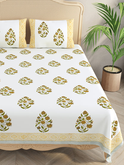 Extra Soft Percale Cotton Super King Handblock Print Bedsheet with 2 Pillow Covers