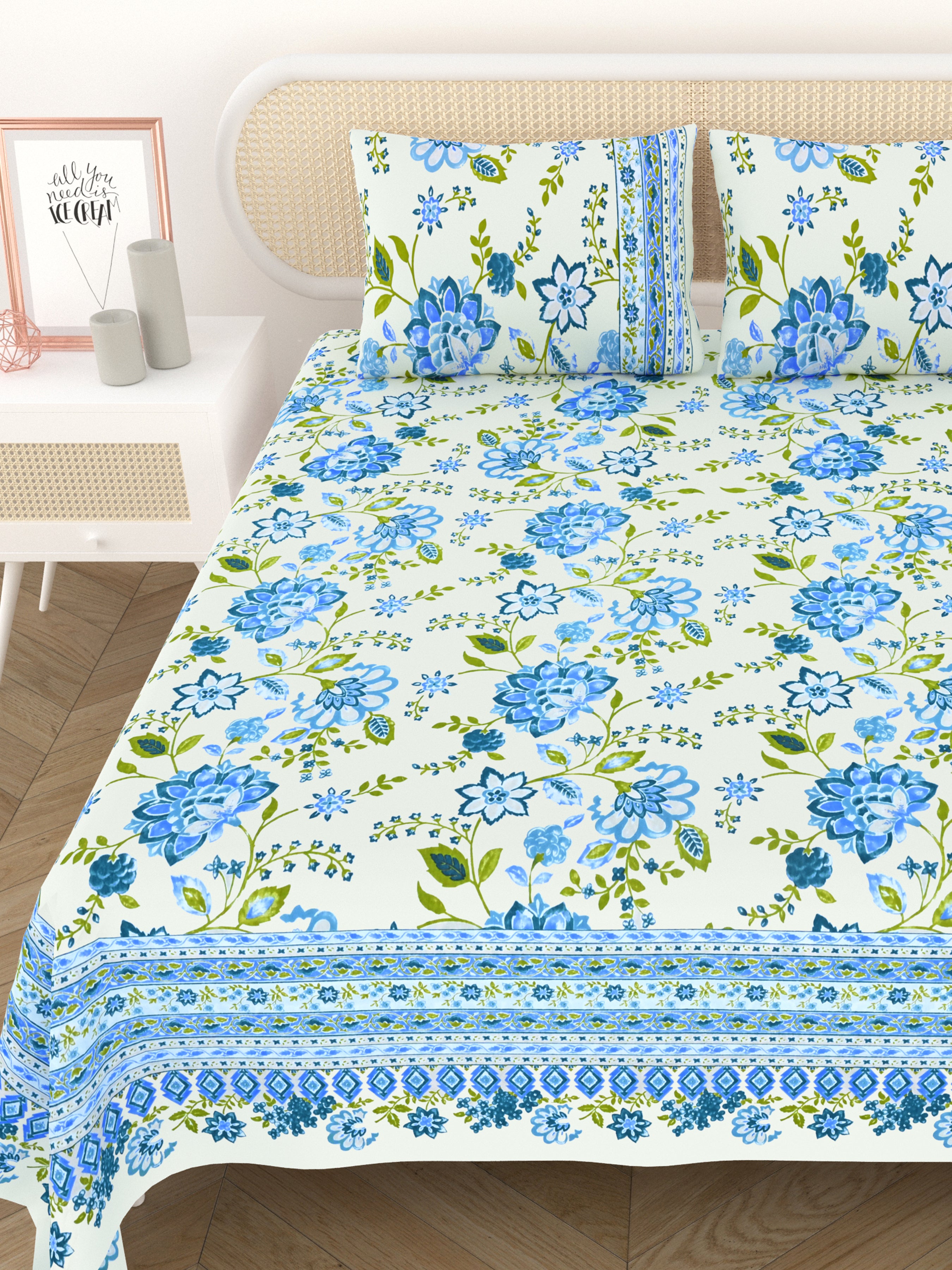 Cotton Printed Bedsheet with 2 Pillow Covers - (108 x 108 Inch)