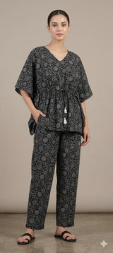 Floral Motifs on Black Cotton Kaftan Top Pant Set