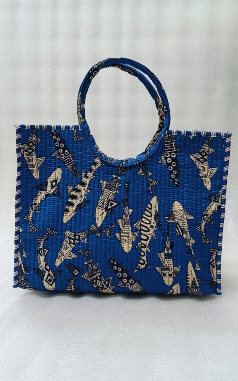 Handblock Printed Cotton Tote Bag with Unique Moon-Shaped Handle- 14x14x6 inches