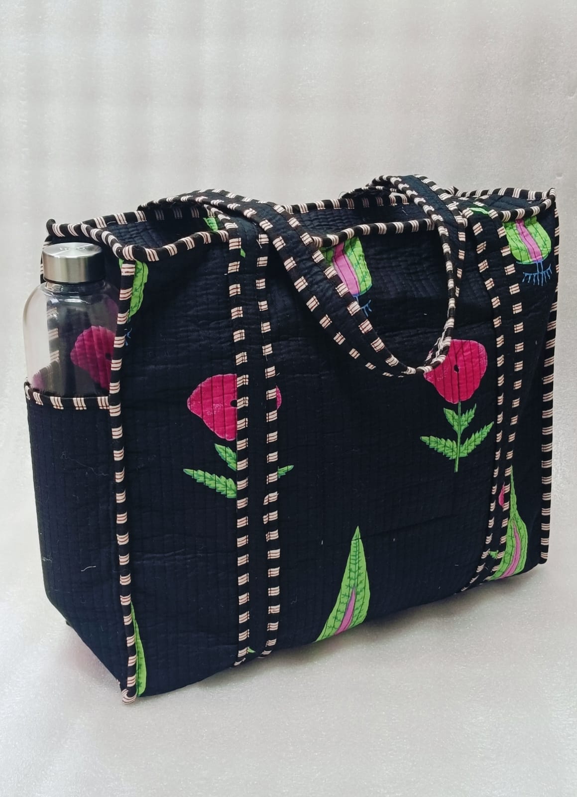 Handblock Printed Quilted Tote Bag with concealed zip ( 17x18x 6 inches)