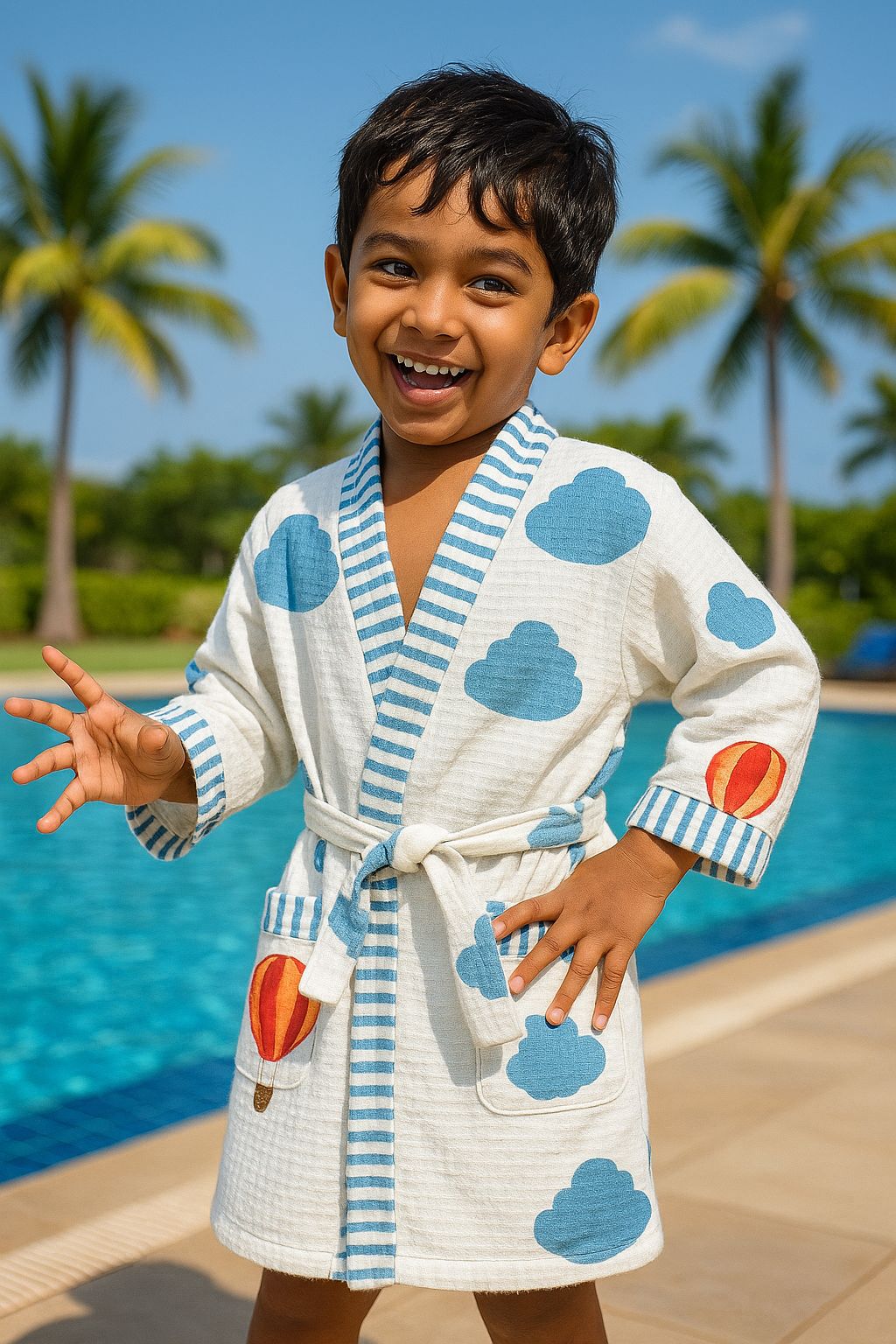 Handblock printed waffle cotton bathrobe for kids - 4-13 years old