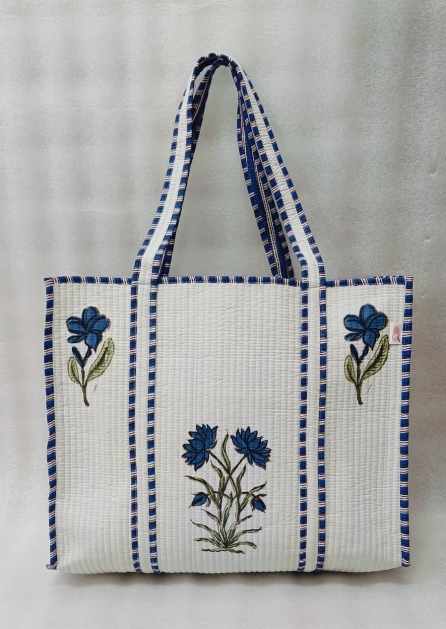 Classic White Block Printed Quilted Tote Bag without zip/button 17x18x 6 inches