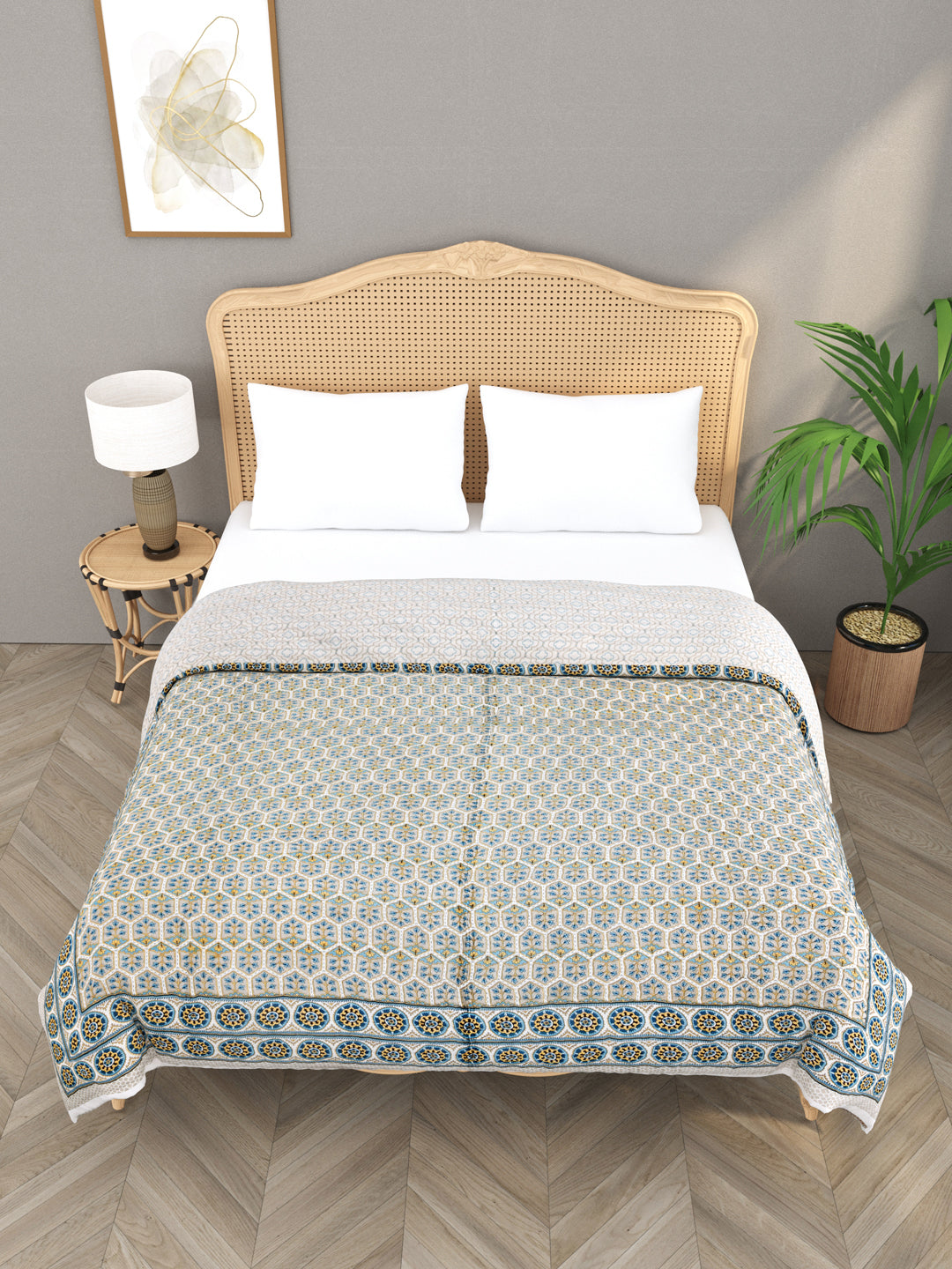 Handblock Printed  Reversible Double Bed Cotton Quilt with cotton filling