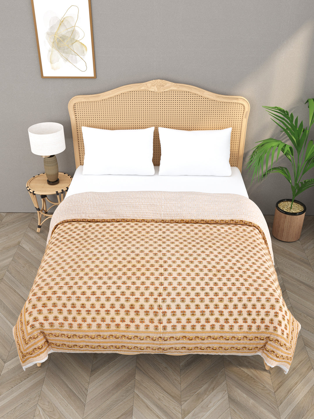 Handblock Printed  Reversible Double Bed Cotton Quilt with cotton filling