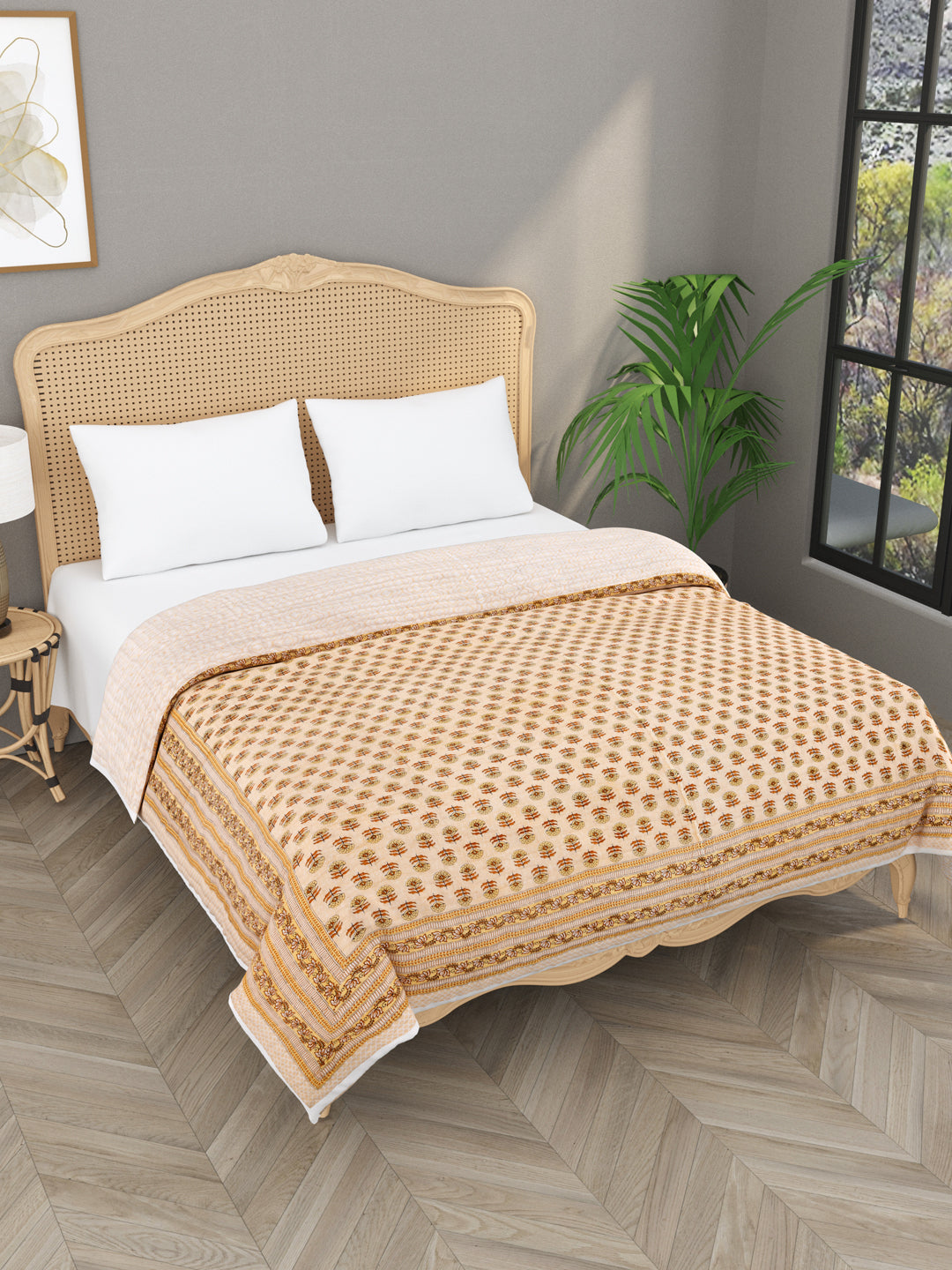 Handblock Printed  Reversible Double Bed Cotton Quilt with cotton filling