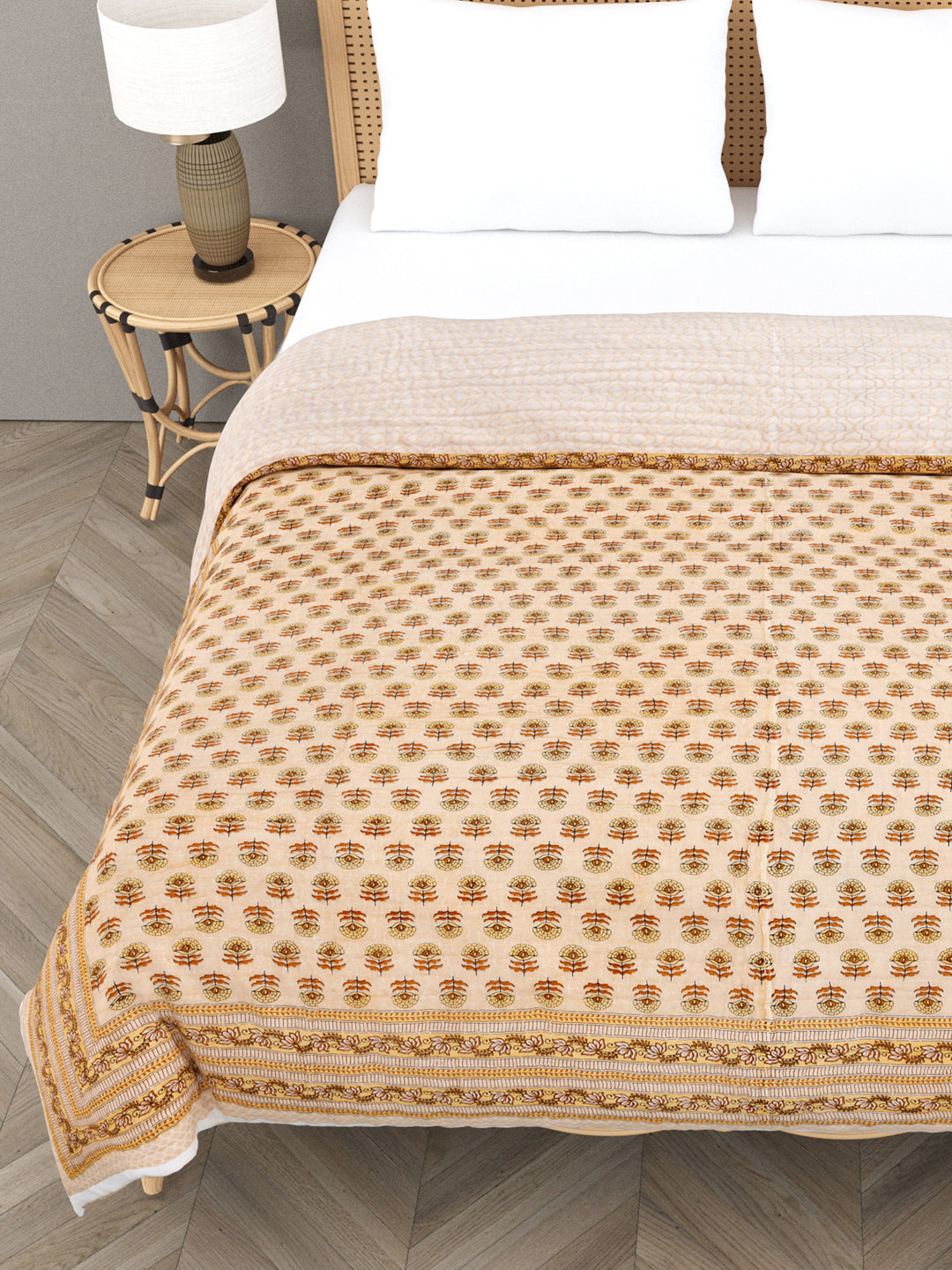 Handblock Printed  Reversible Double Bed Cotton Quilt with cotton filling