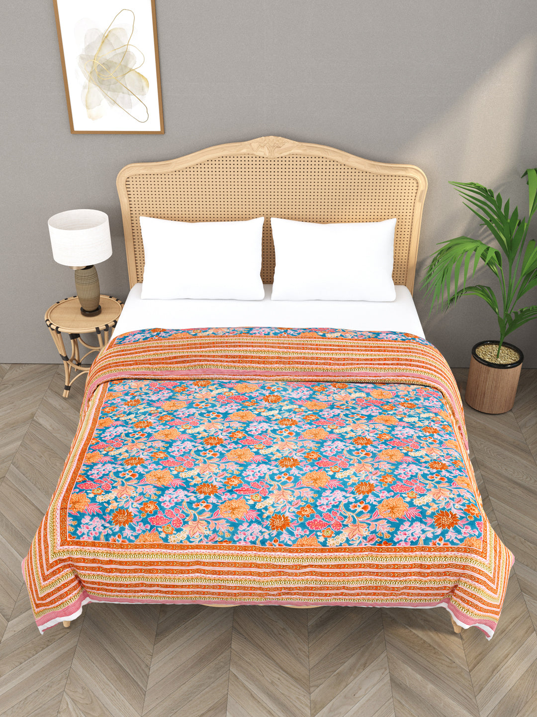 Floral Printed  Reversible Double Bed Cotton Quilt with cotton filling