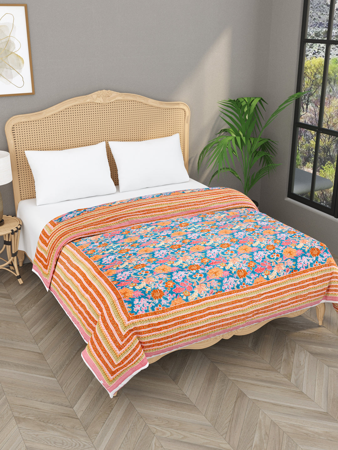 Floral Printed Reversible Double Bed Cotton Quilt with cotton filling