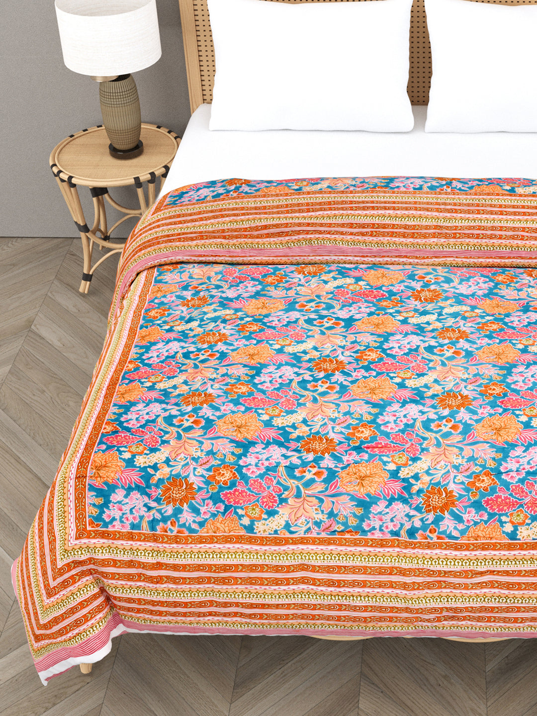 Floral Printed  Reversible Double Bed Cotton Quilt with cotton filling