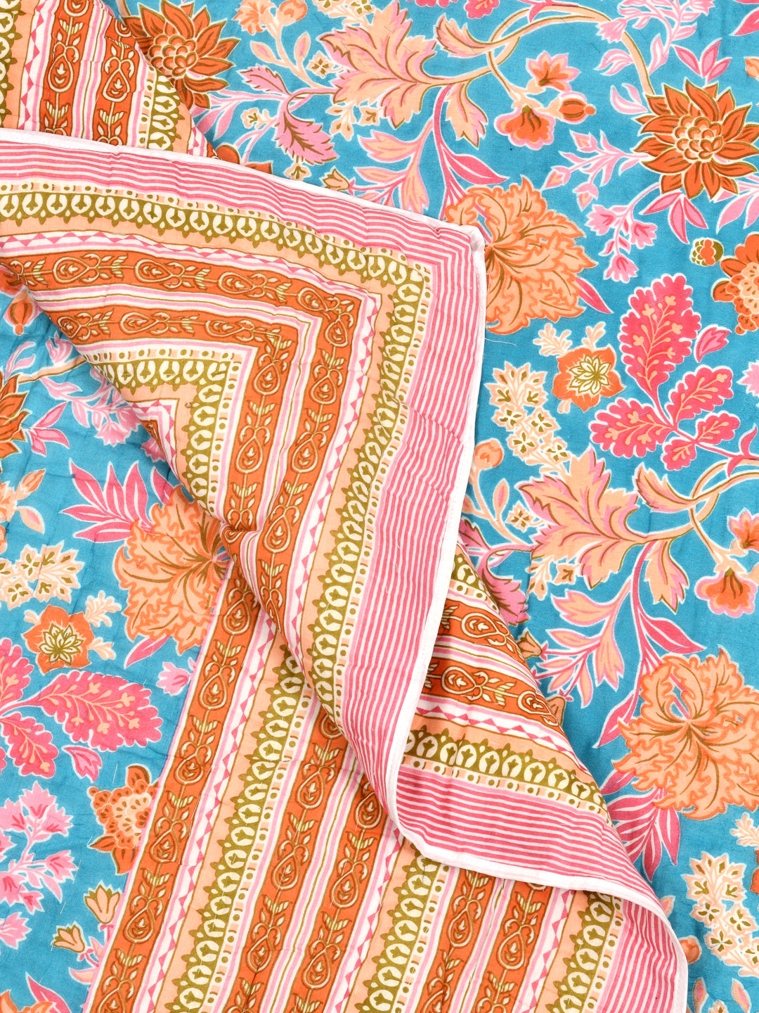 Floral Printed  Reversible Double Bed Cotton Quilt with cotton filling