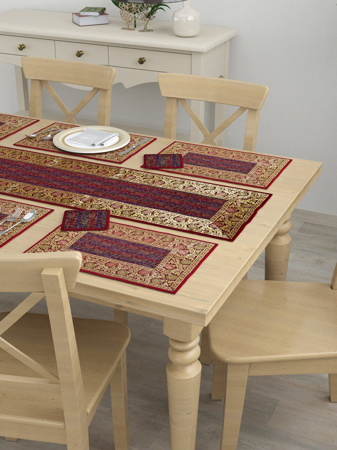 Banarasi Table Set with 1 Runner, 6 mats and 6 coasters