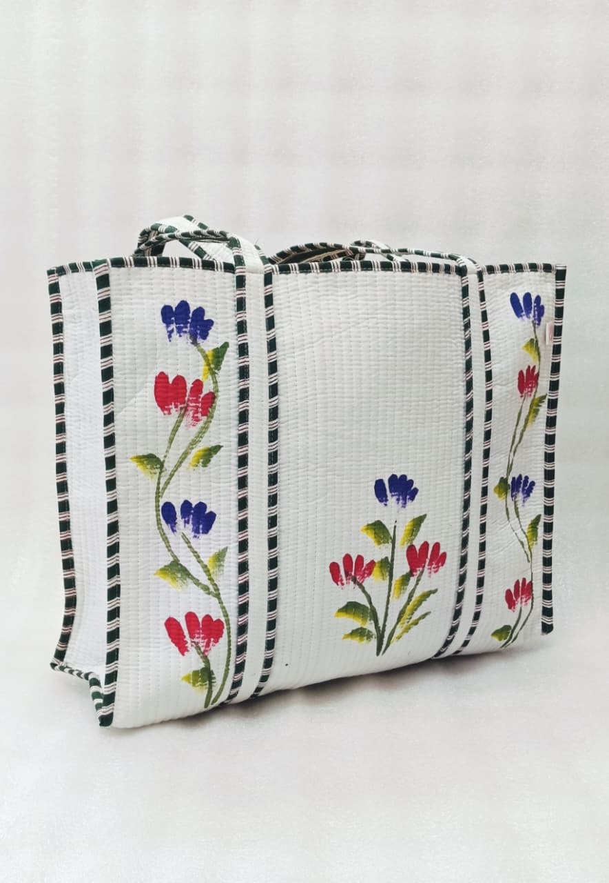 Hand-Painted Floral Tote Bag – Double-Sided Artisan Cotton Tote | Spacious Everyday Carry Bag (No Zip)- 17x18x6 inches