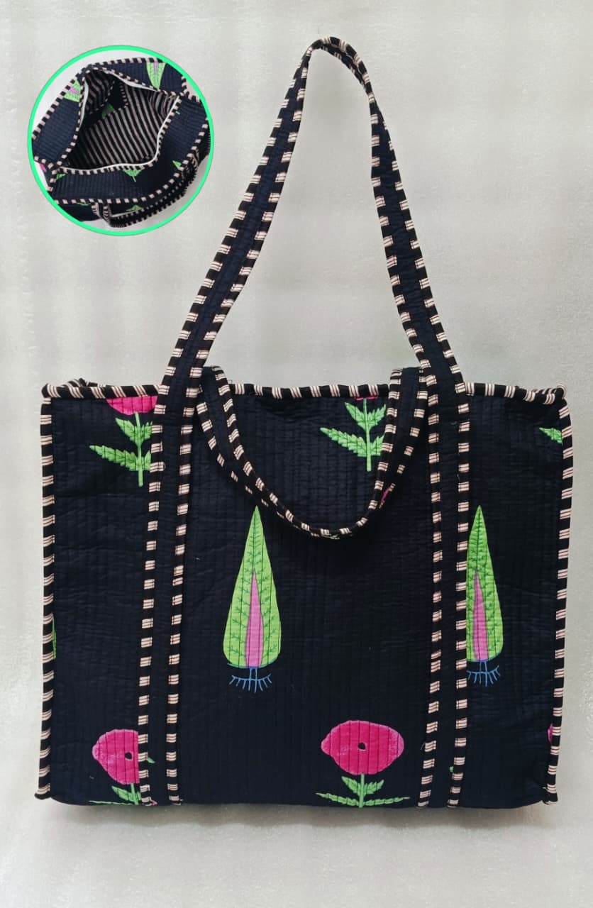 Handblock Printed Quilted Tote Bag with concealed zip ( 17x18x 6 inches)