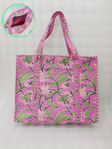 Handblock Printed Quilted Tote Bag with concealed zip ( 17x18x 6 inches)