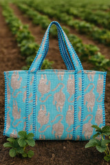Handblock Printed Quilted Tote Bag without zip/button 17x18x 6 inches
