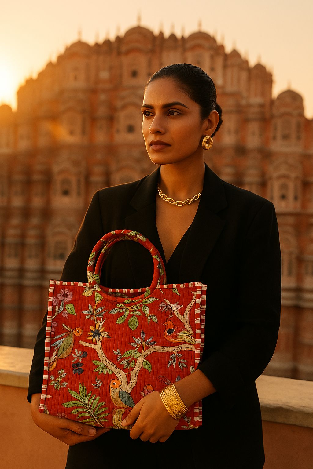 Handblock Printed Cotton Tote Bag with Unique Moon-Shaped Handle- 14x14x6 inches