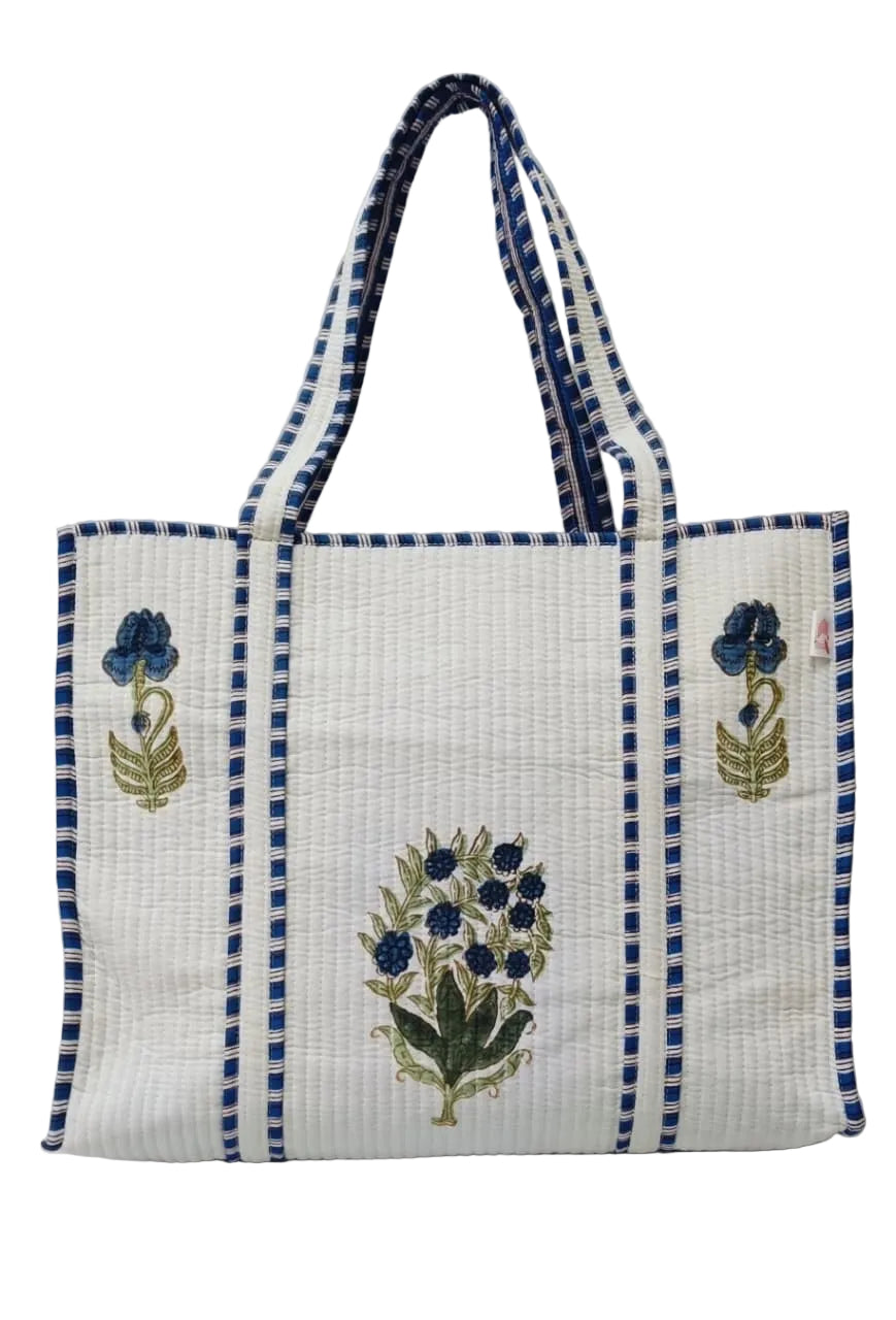 Classic White Block Printed Quilted Tote Bag without zip/button 17x18x 6 inches