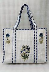 Classic White Block Printed Quilted Tote Bag without zip/button 17x18x 6 inches